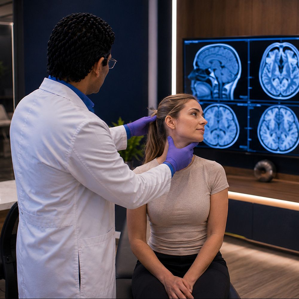 Board-certified neurologist evaluating a patient for accident and injury care at Advanced Brain & Spine in Tampa, Florida.