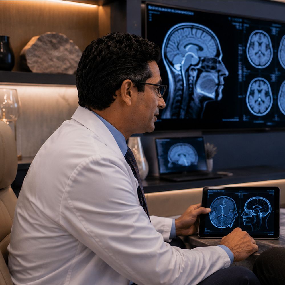 Board-certified neurologist evaluating an adult patient for concussion treatment in Tampa, Florida.