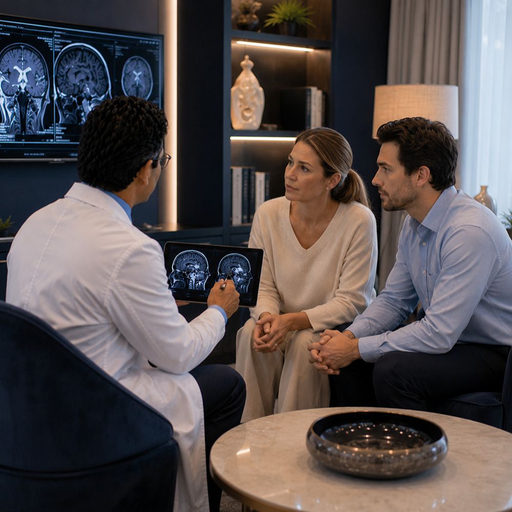 Family discussing concussion treatment options with a neurologist in Tampa, Florida.