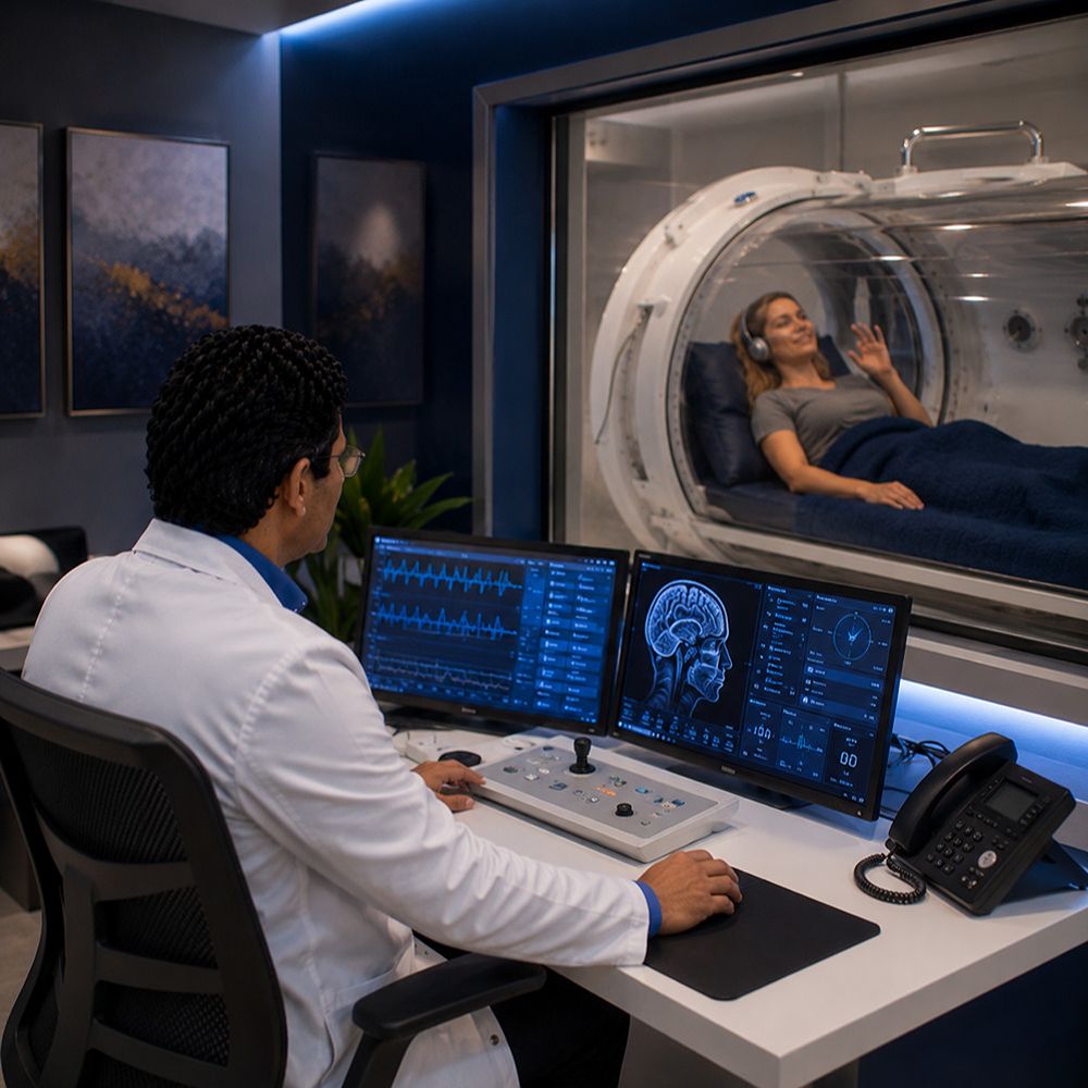 Neurologist monitoring a medical hyperbaric oxygen therapy session in Tampa, Florida.