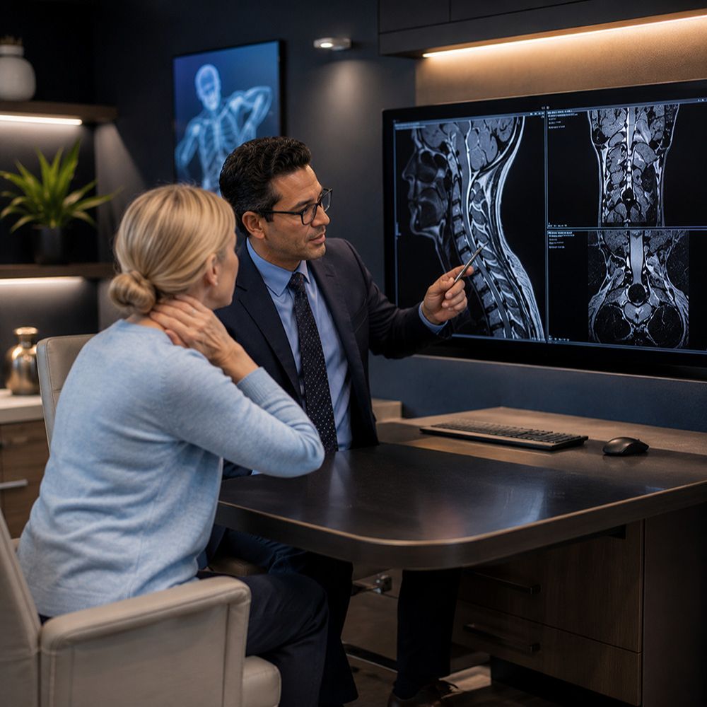 Neurologist providing neck pain treatment consultation in Tampa, Florida.