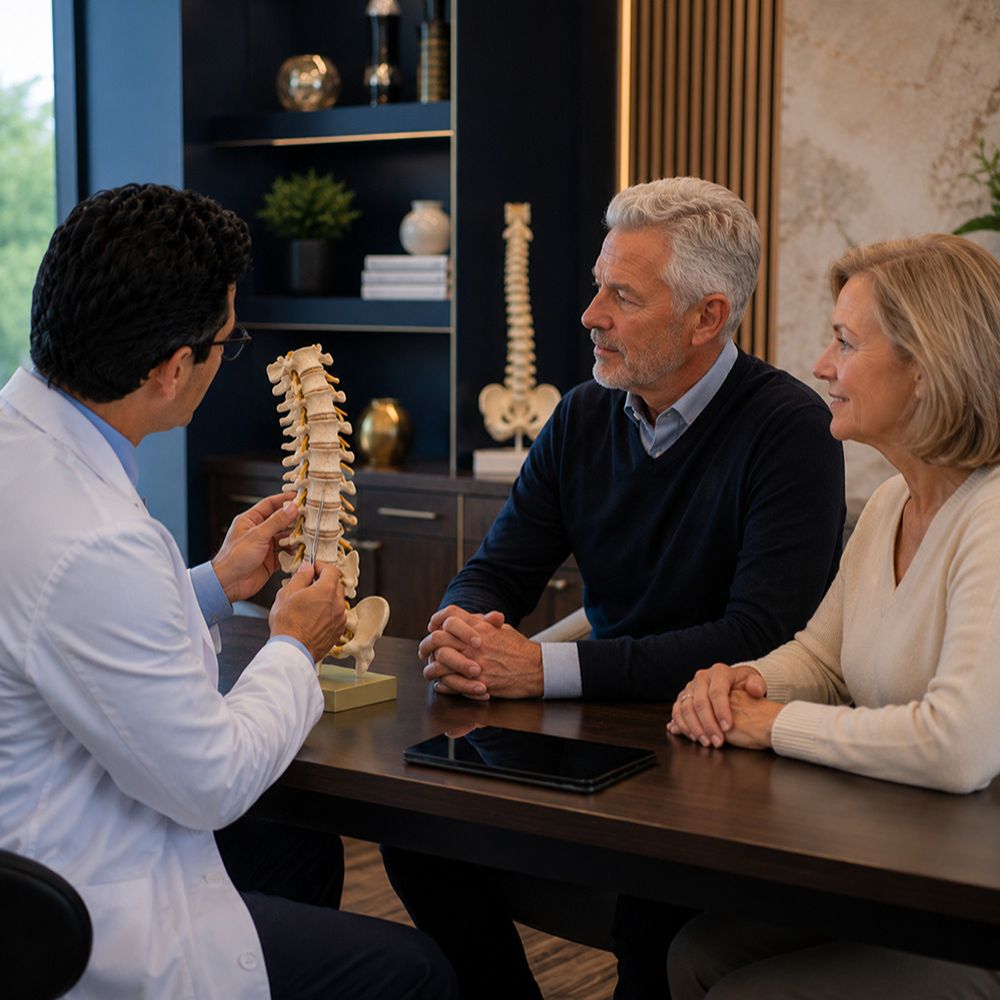 Neurologist providing non-surgical spine treatment consultation in Tampa, Florida.