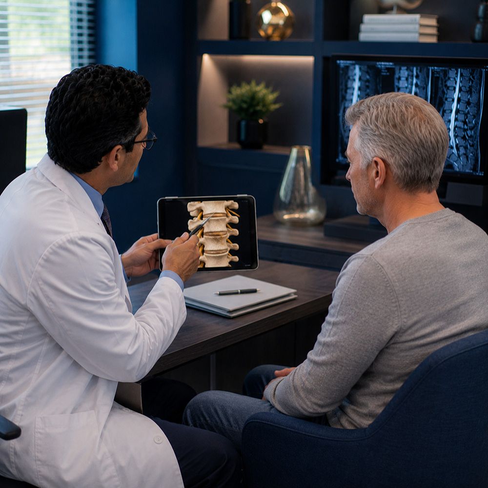 Neurologist explaining radiofrequency ablation treatment for chronic spine pain in Tampa, Florida.
