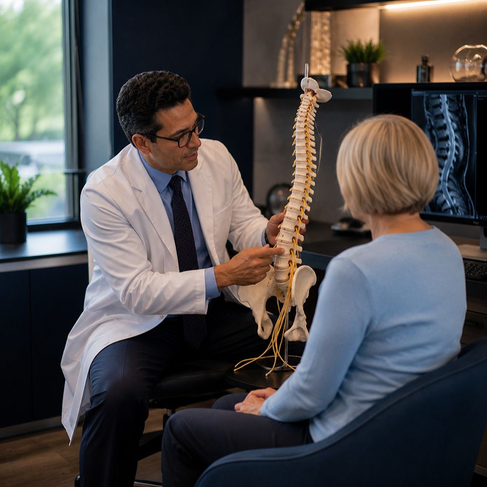 Patient receiving sciatica pain management evaluation from a neurologist in Tampa, Florida.