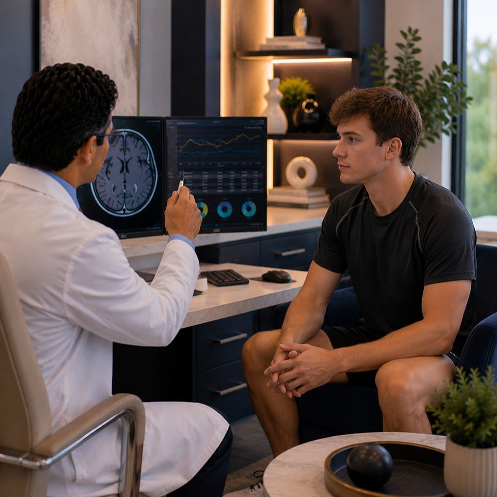 Athlete receiving concussion evaluation from a neurologist in Tampa, Florida.