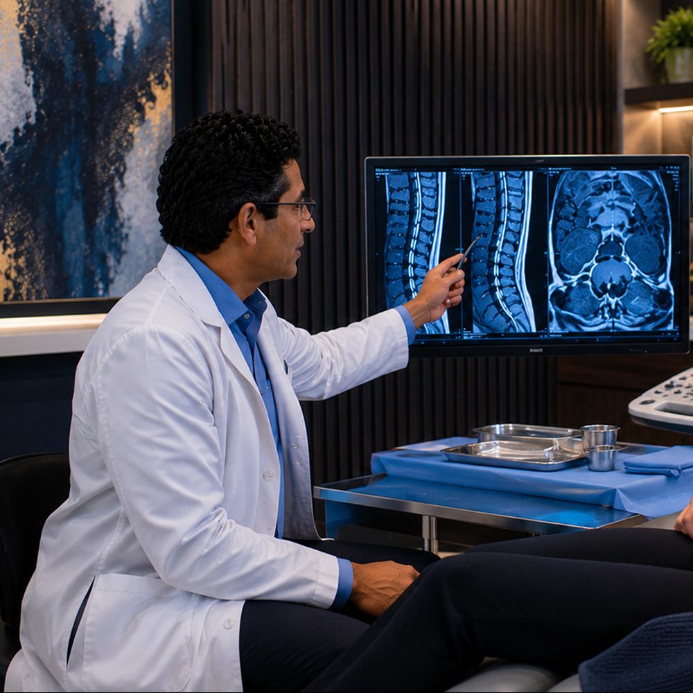 Board-certified neurologist discussing regenerative stem cell therapy for spine pain in Tampa, Florida.