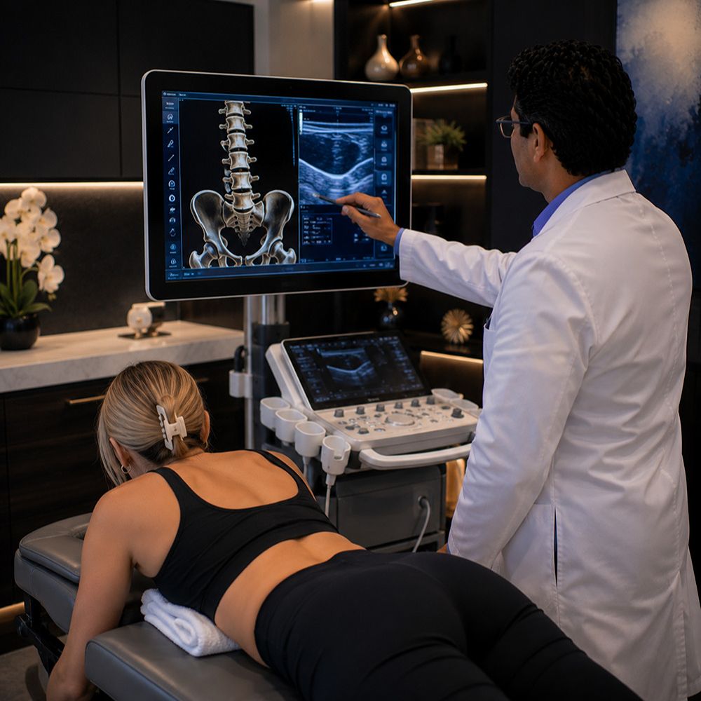 Patient receiving image-guided stem cell treatment planning for back pain in Tampa, Florida.