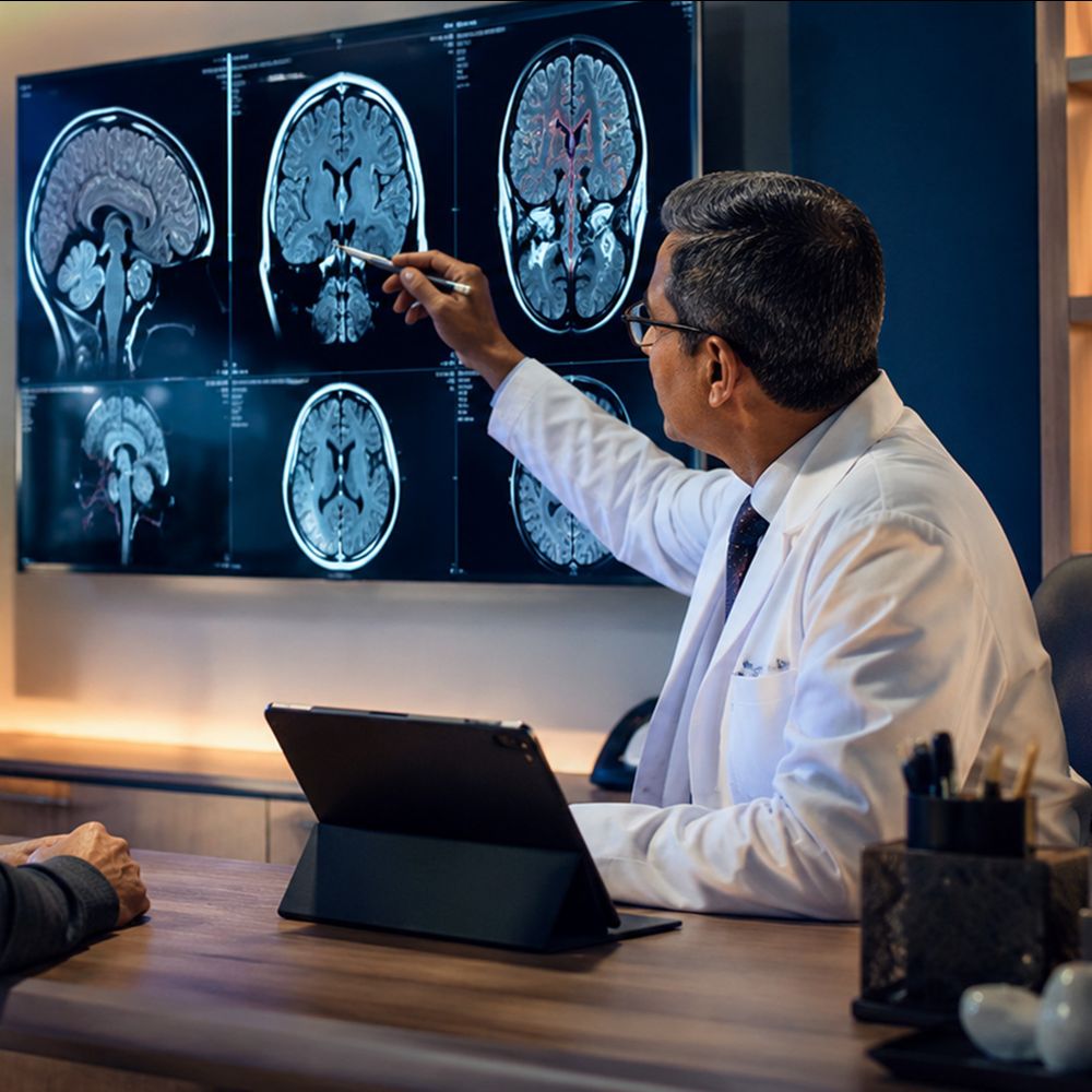 Board-certified neurologist evaluating a patient for traumatic brain injury treatment at Advanced Brain & Spine in Tampa, Florida.