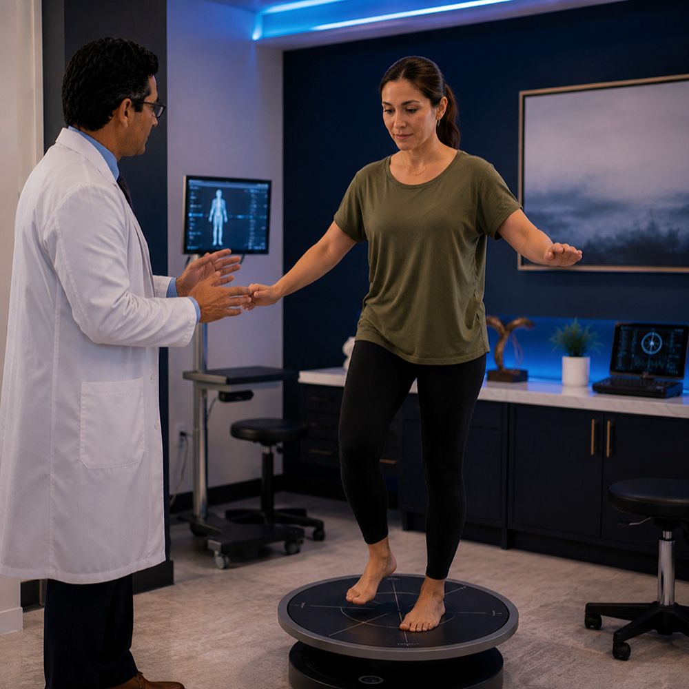 Neurologist performing vestibular balance assessment for concussion recovery in Tampa, Florida.