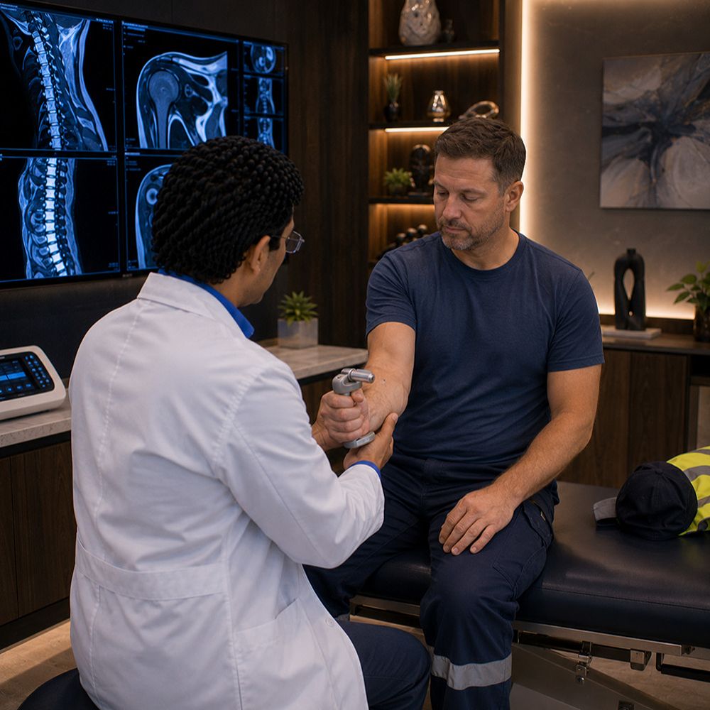 Workplace injury doctor evaluating an employee after a work-related injury in Tampa, Florida.